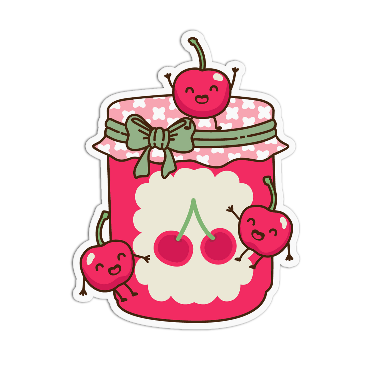 Sticker design of a pink jar with cherries and a bow on a white background