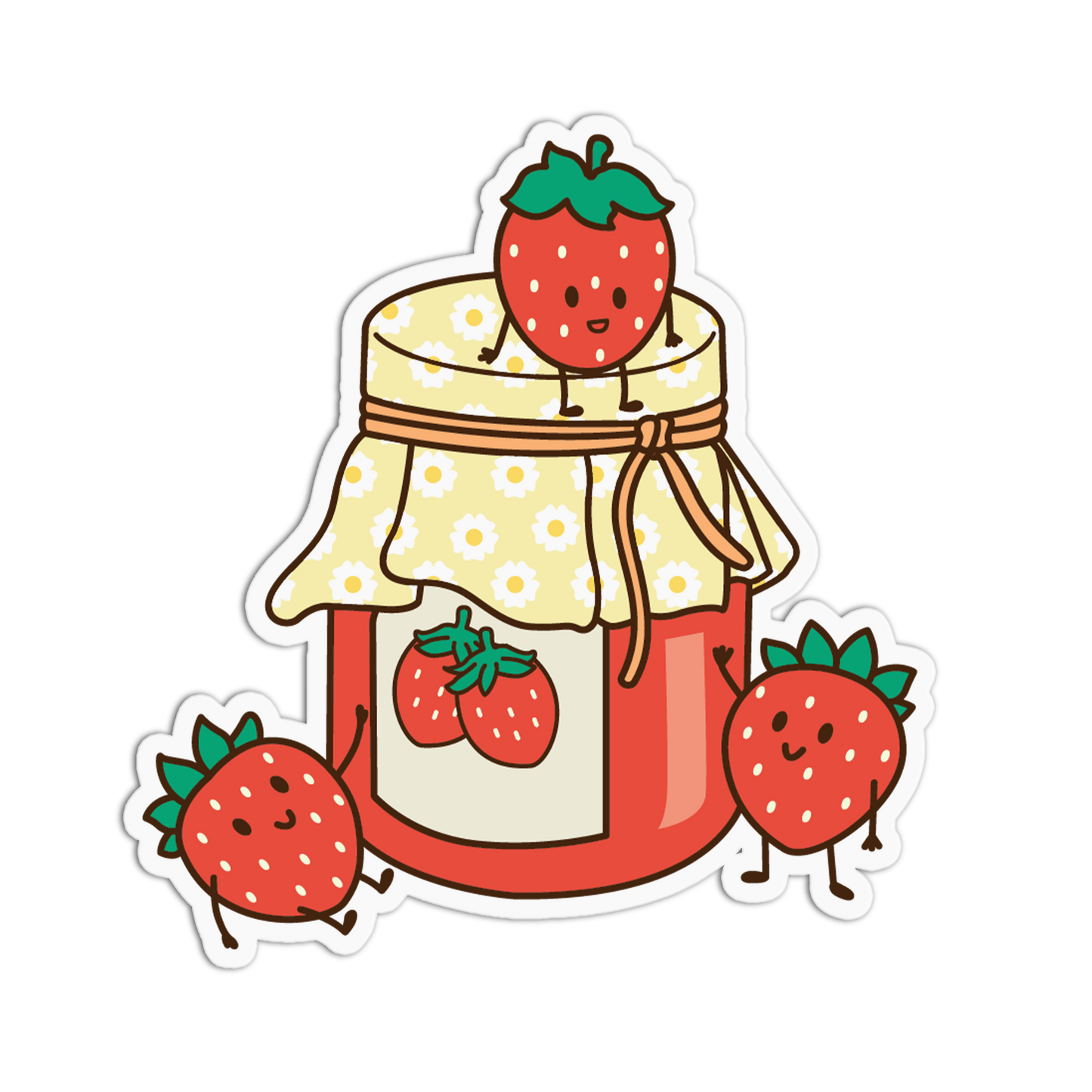 Cartoon jar of strawberry jam with smiling strawberries on a transparent background