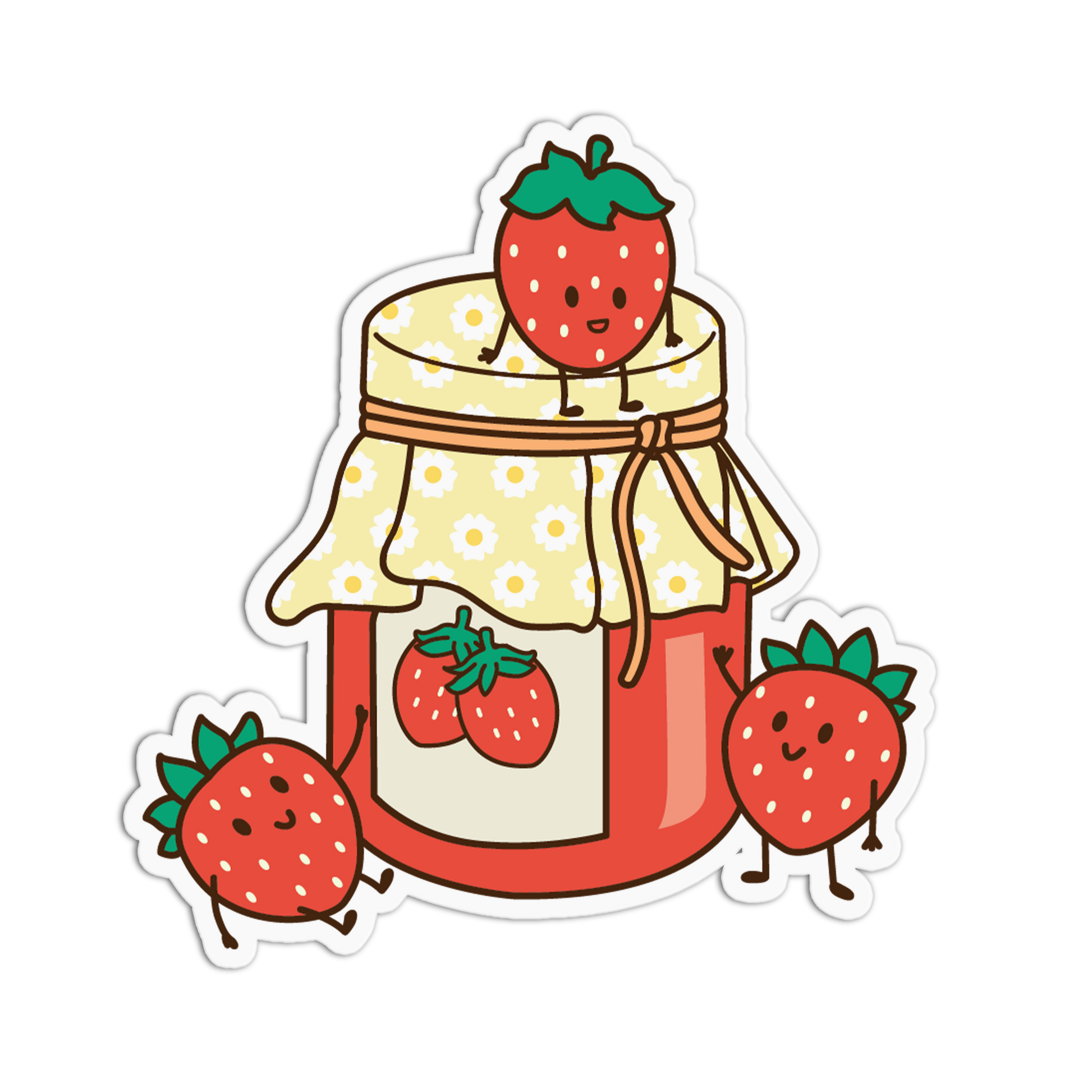 Cartoon jar of strawberry jam with smiling strawberries on a transparent background