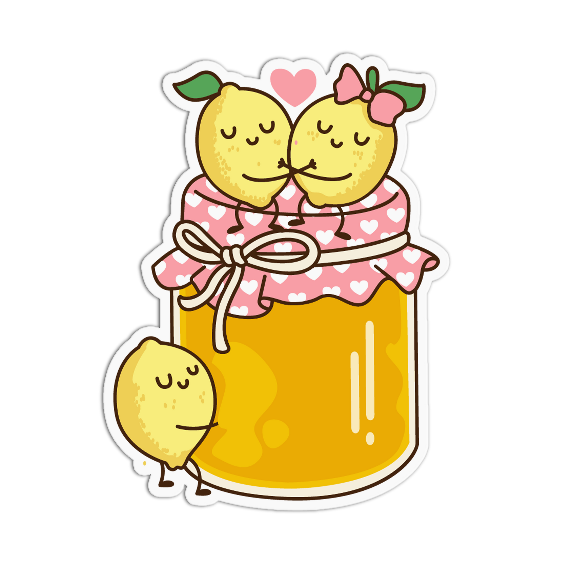 Cartoon lemon characters in a jar with a pink bow on a transparent background