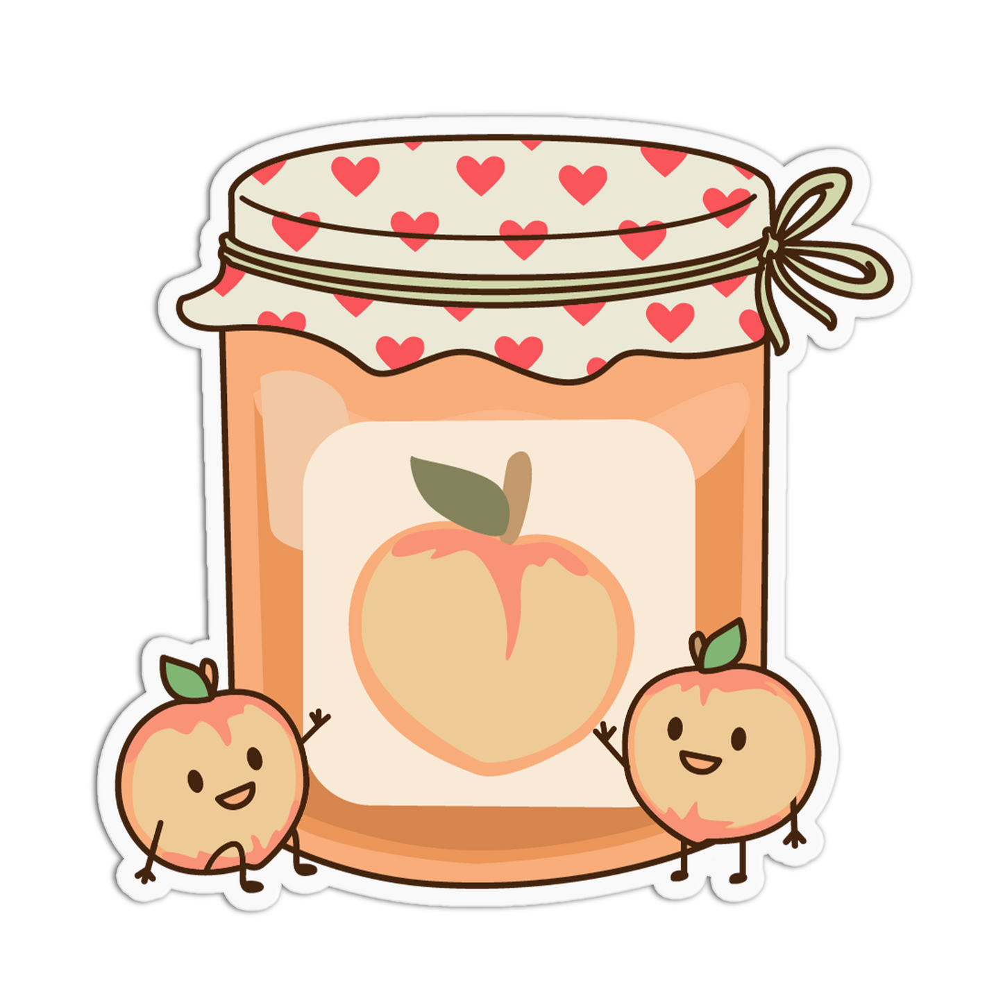 Cartoon peach jam jar with two cute peach characters on a white background