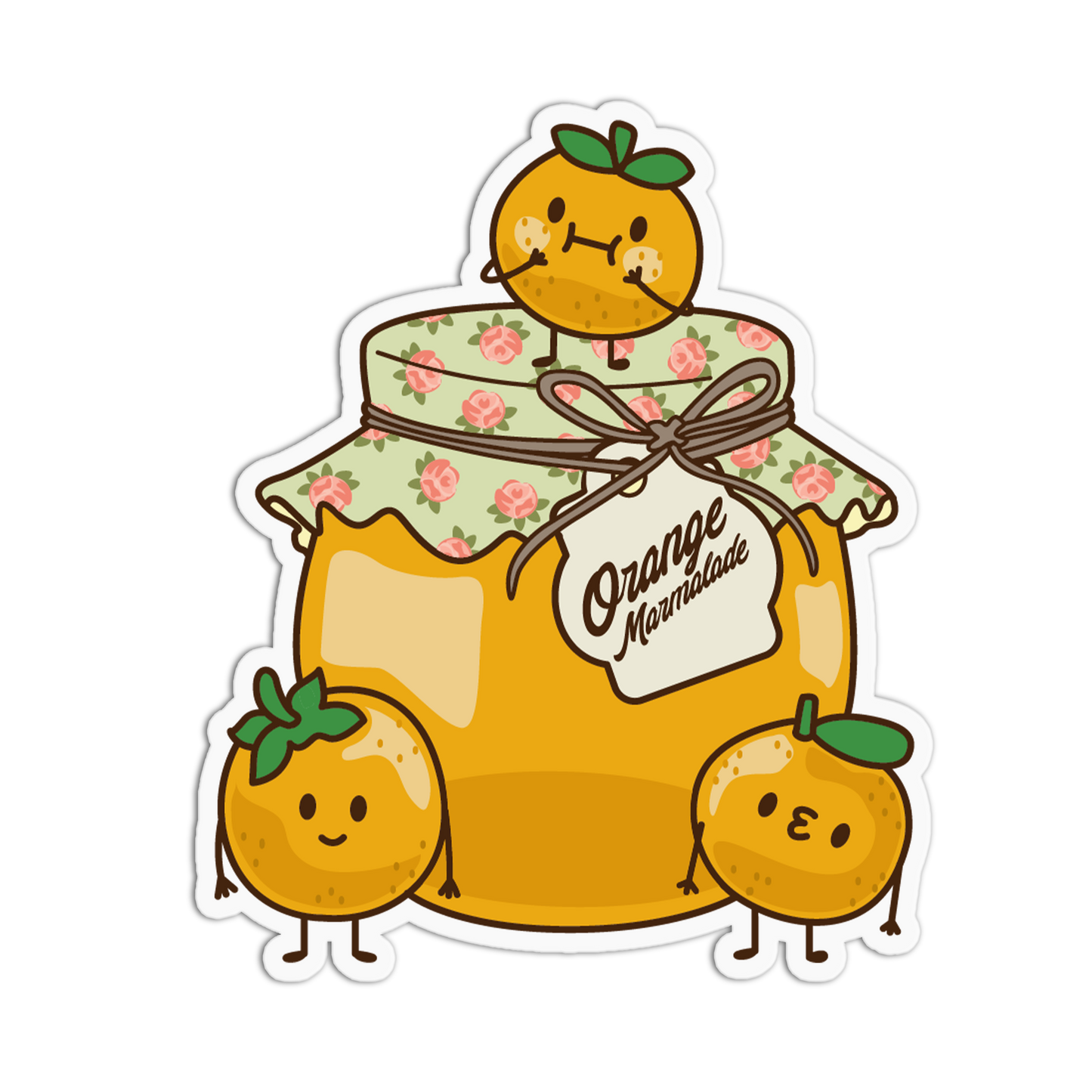 Cartoon jar of orange marmalade with cute orange characters on a white background