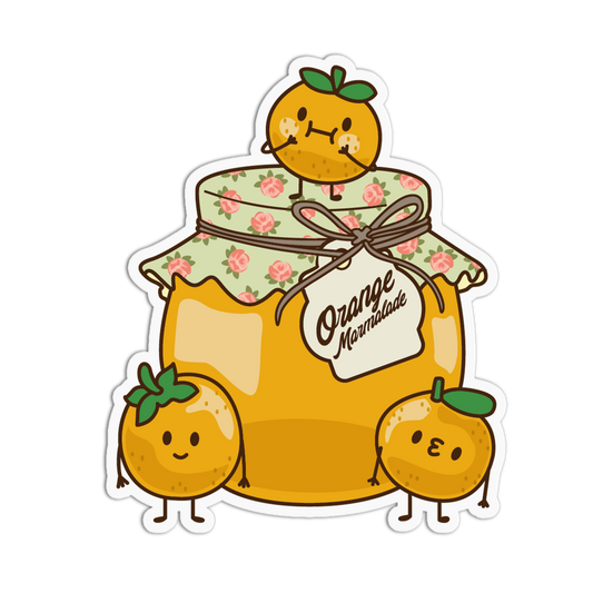 Cartoon jar of orange marmalade with cute orange characters on a white background