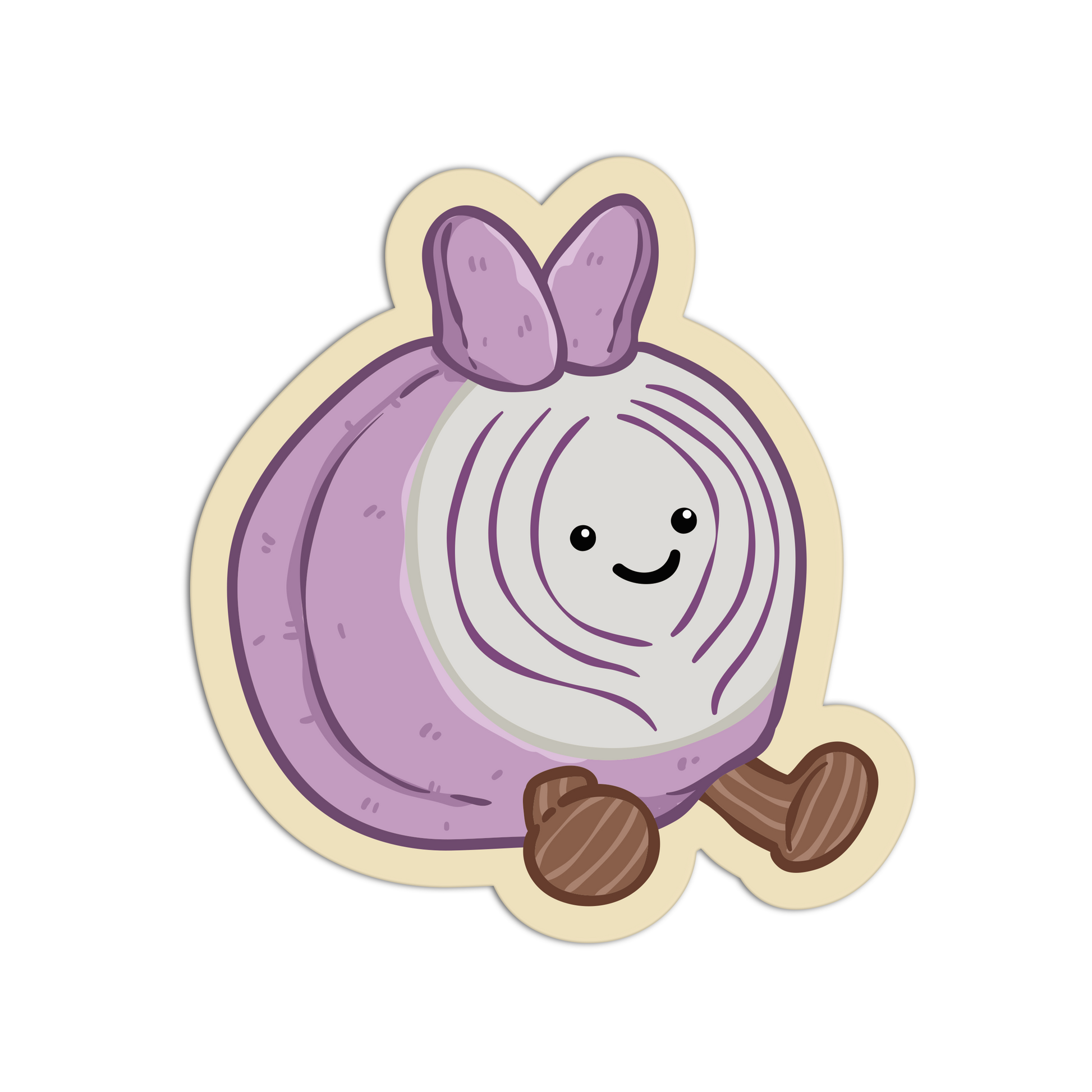 Cartoon red cabbage character with a bow on a white background