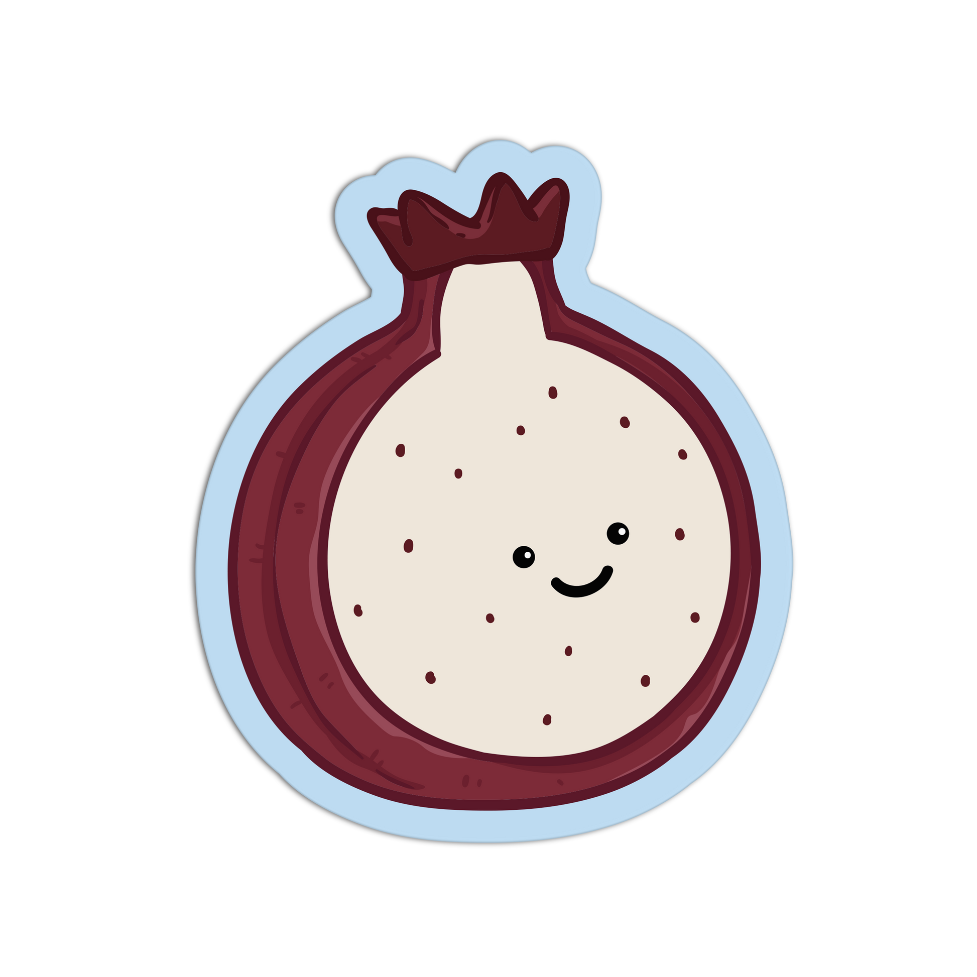 Cartoon pomegranate character with a smile on a white background