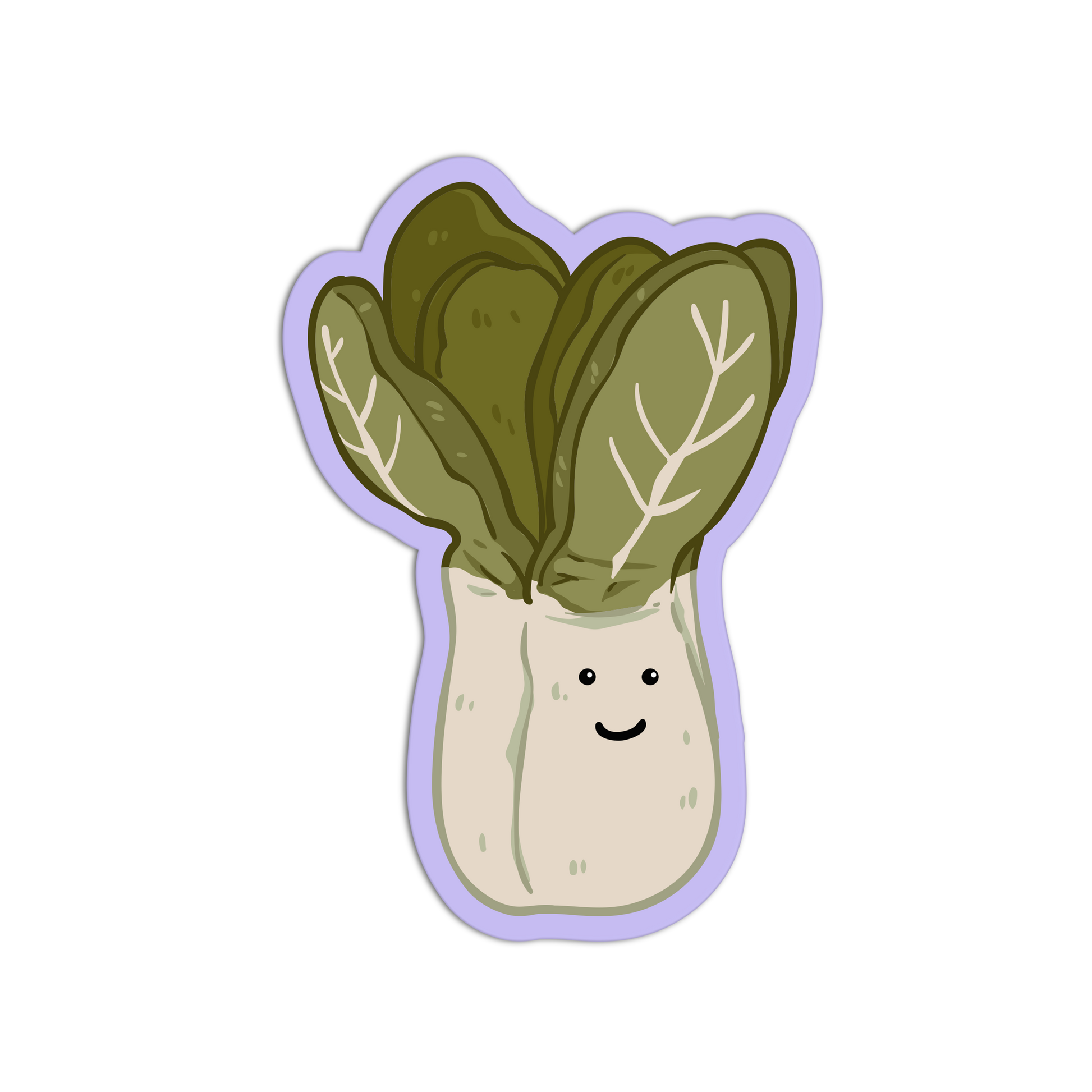 Cartoon-style bok choy character with a smile on a white background