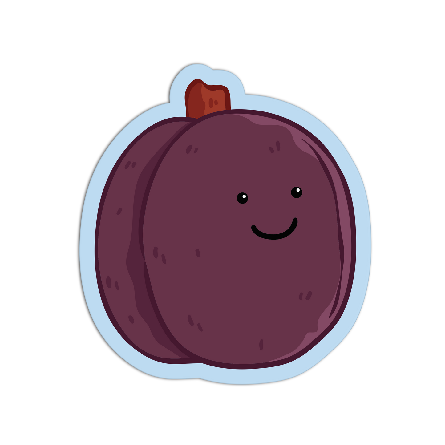 Cartoon plum with a smiling face on a white background