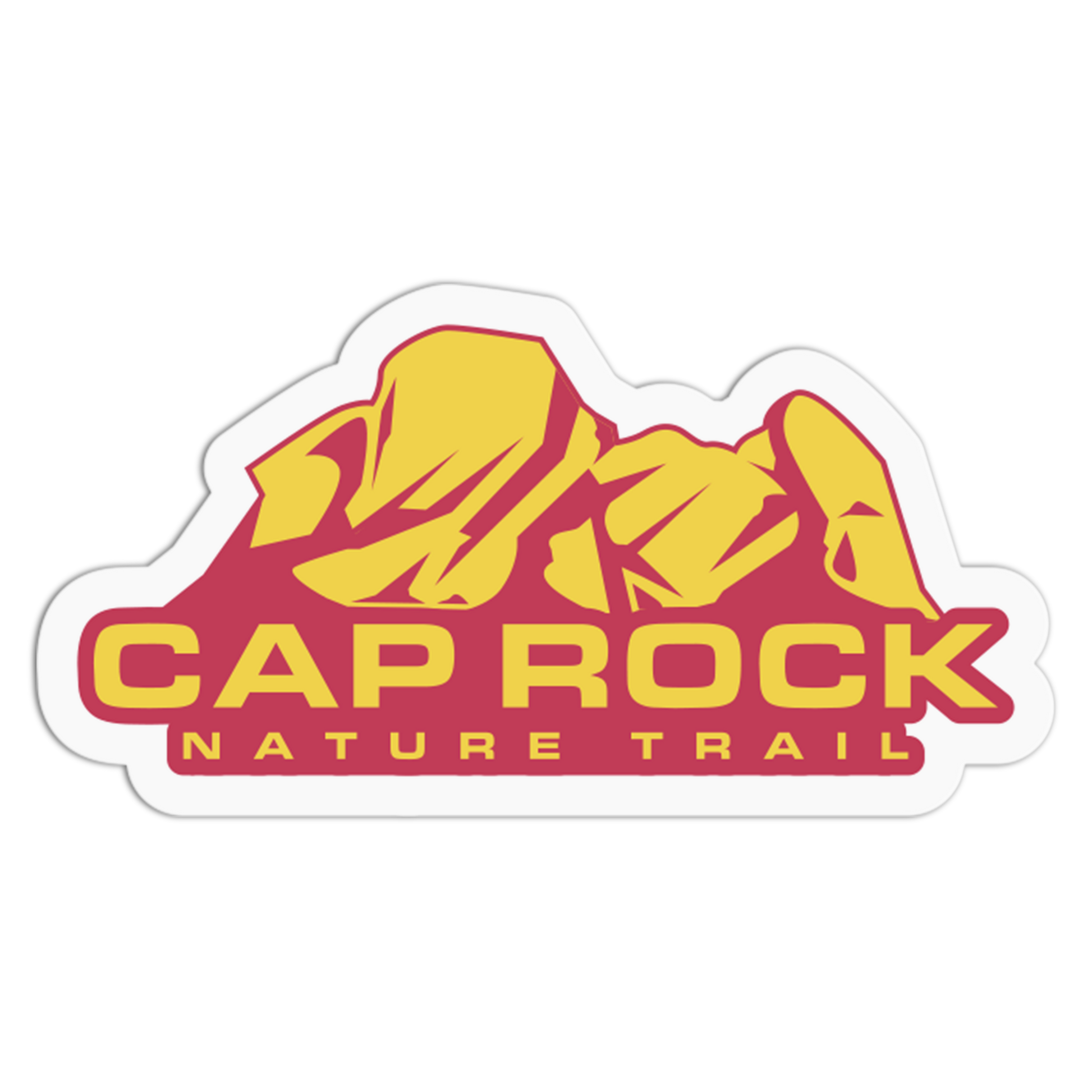 Cap Rock Nature Trail logo with yellow mountains and red text on a white background