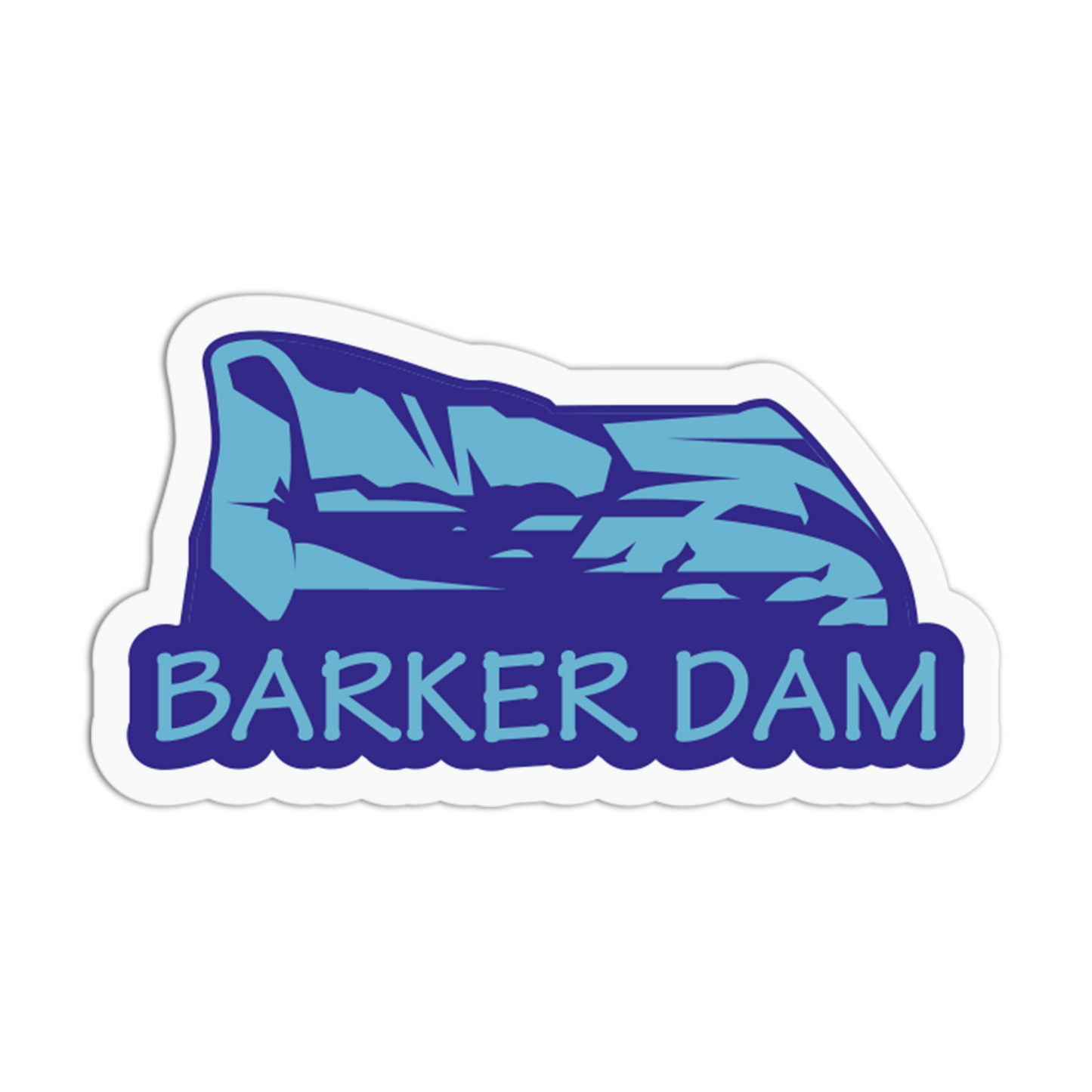 Sticker with 'Barker Dam' text and dam graphic on a white background
