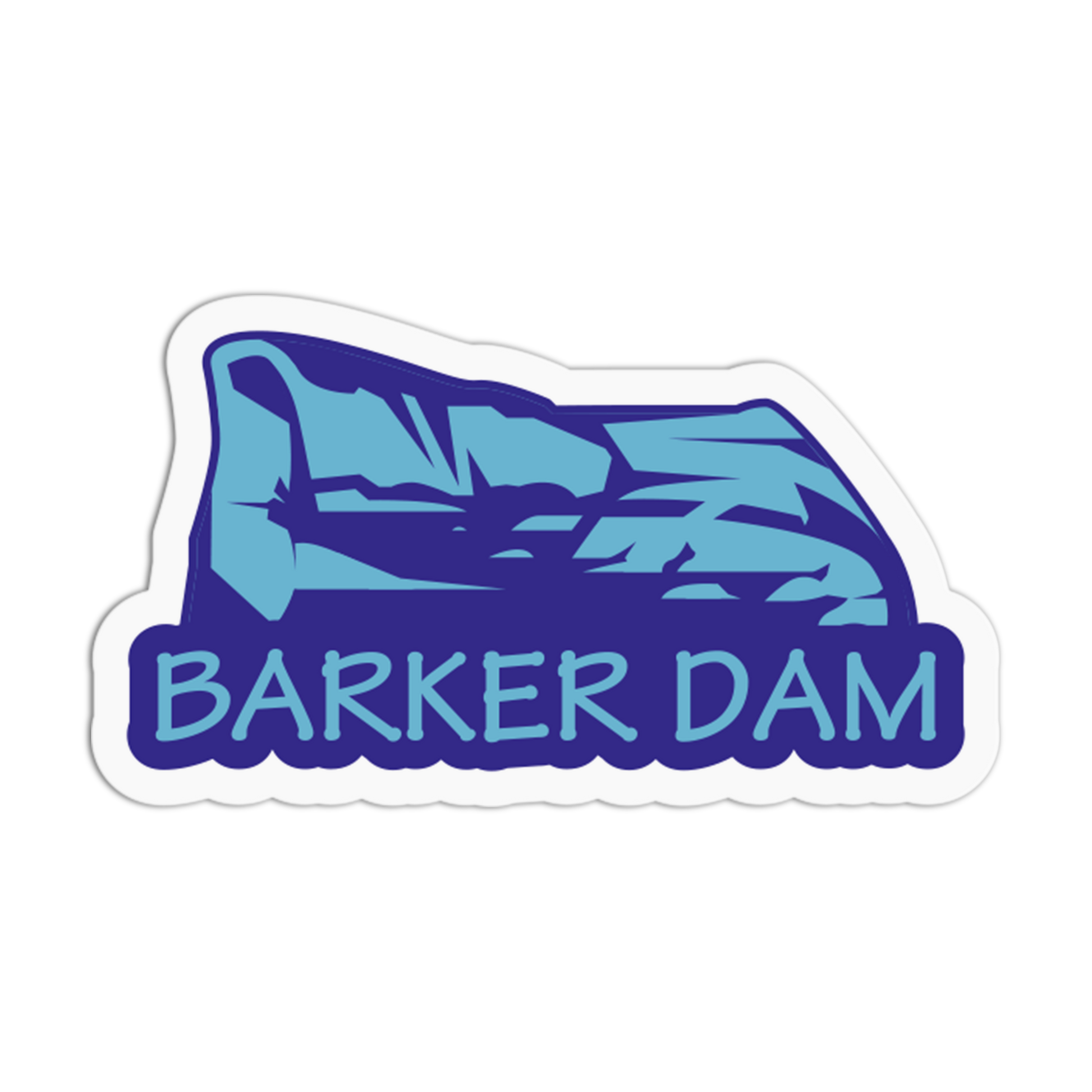 Sticker with 'Barker Dam' text and dam graphic on a white background