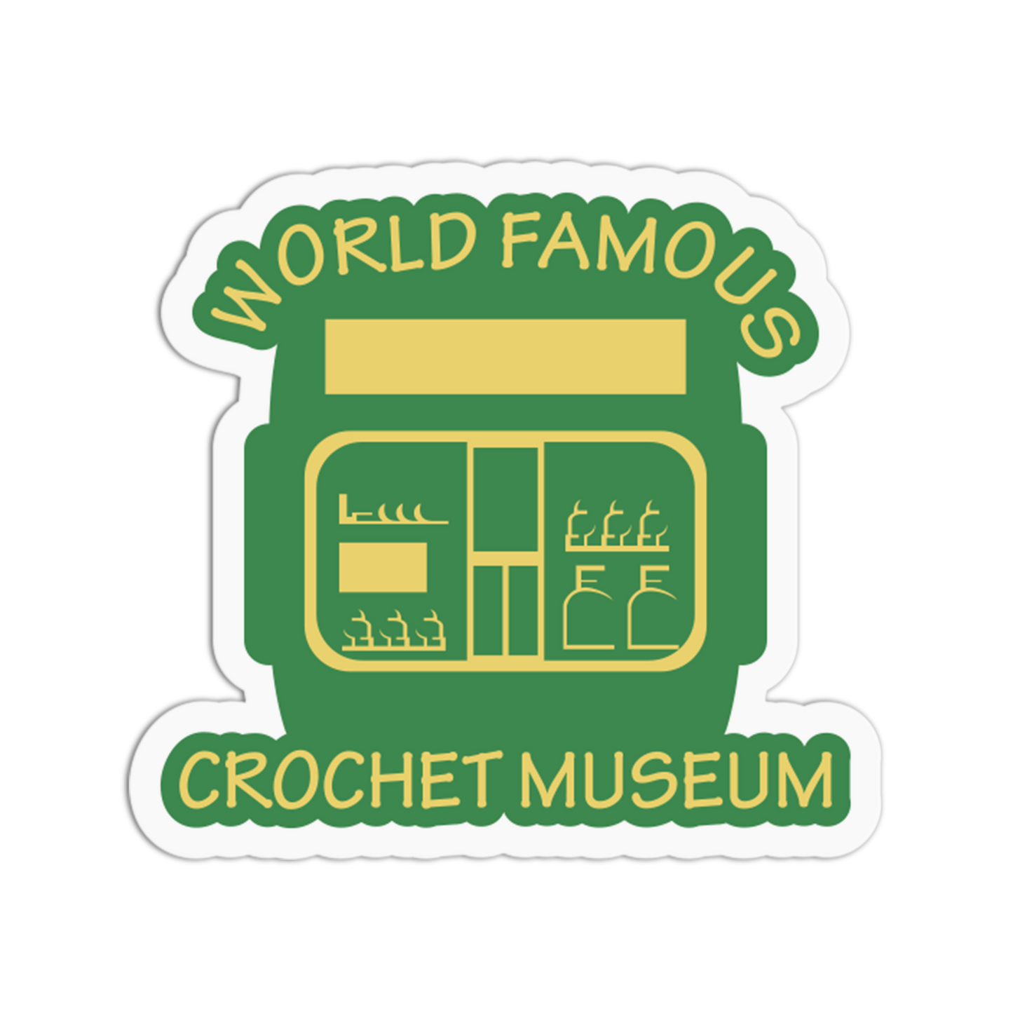 Sticker with 'World Famous Crochet Museum' text and design on a white background
