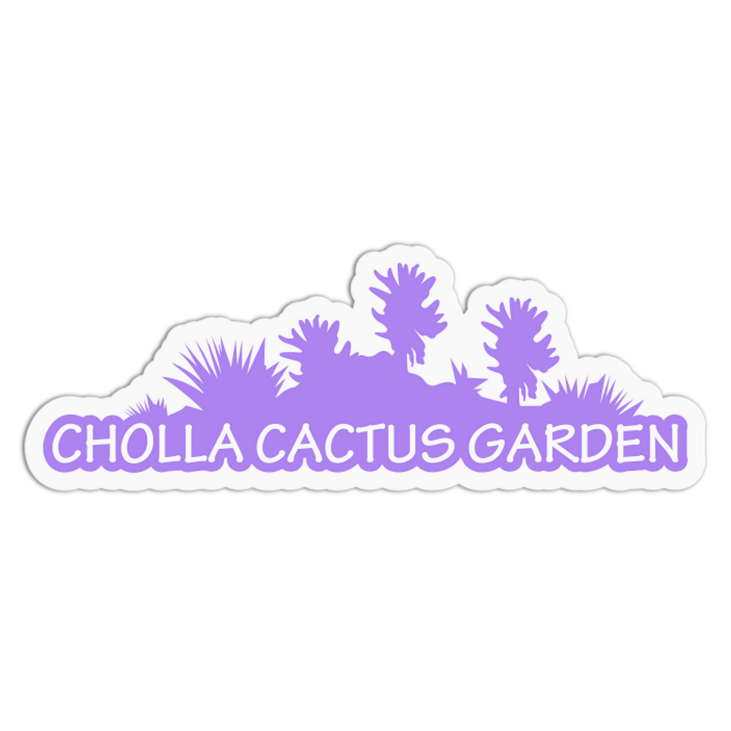 Sticker with 'Cholla Cactus Garden' text and cactus silhouette on a white background