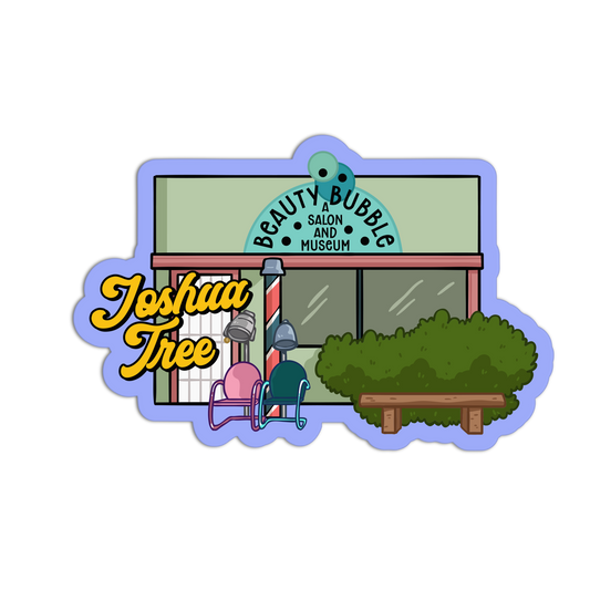 Illustration of a salon and museum named 'Beauty Bubble' with 'Joshua Tree' text.
