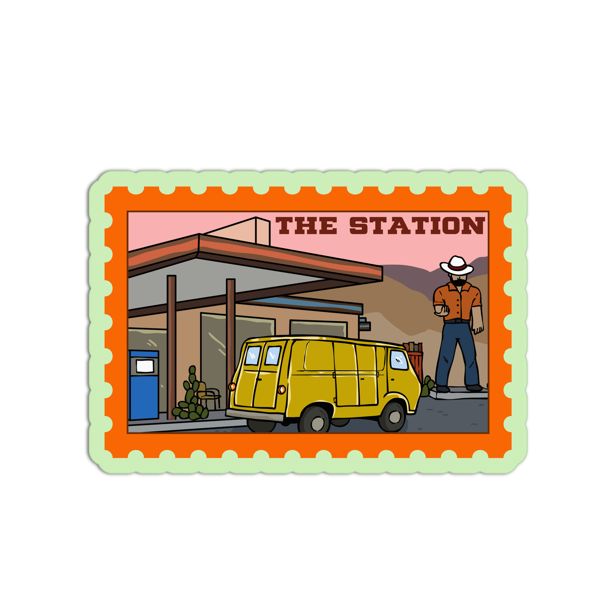Cartoon-style illustration of a yellow van and person at 'The Station' with an orange border.