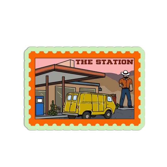 Cartoon-style illustration of a yellow van and person at 'The Station' with an orange border.