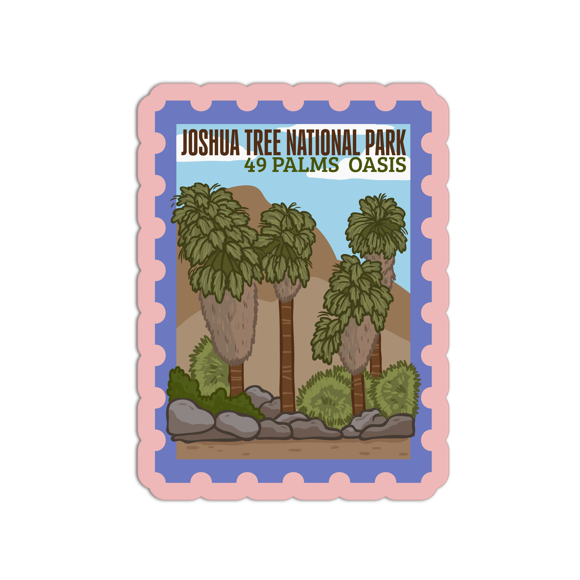 Sticker of Joshua Tree National Park with palm trees and text on a white background