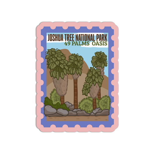 Sticker of Joshua Tree National Park with palm trees and text on a white background