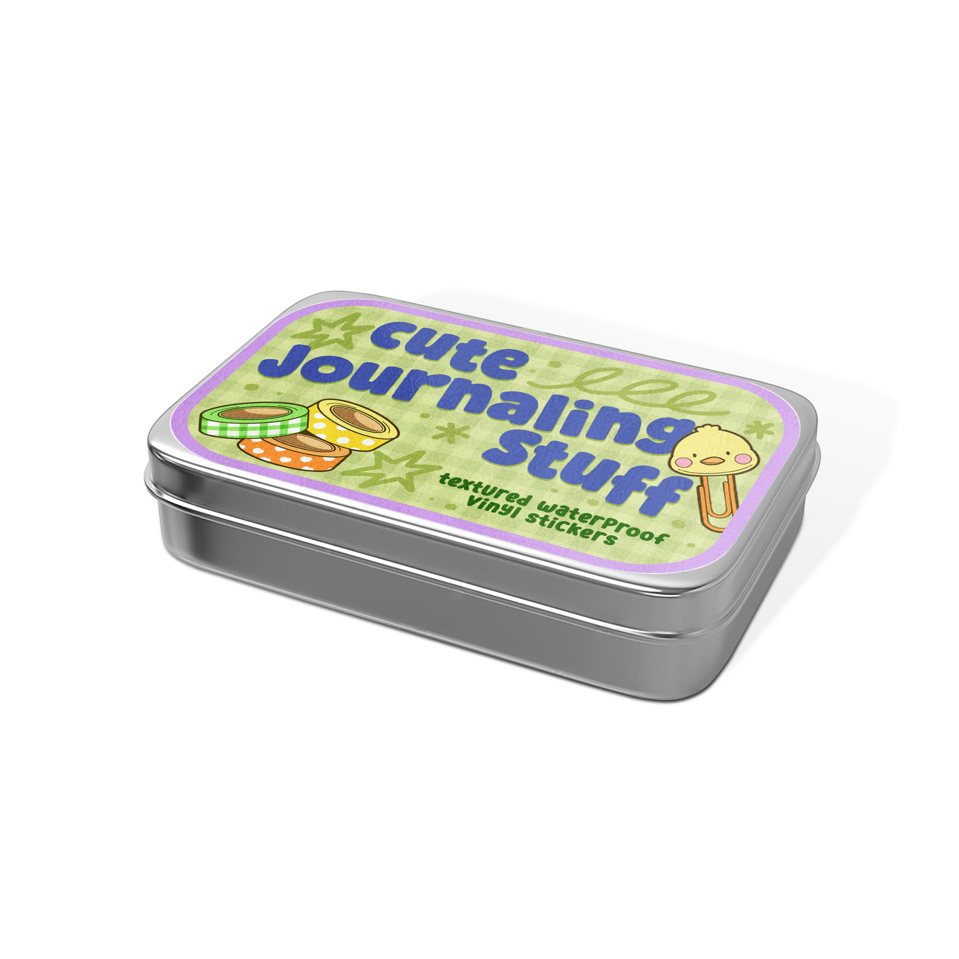 A silver metal tin of 'Cute Journaling Stuff' waterproof mini stickers, featuring a colorful green and purple label with cartoon jellyfish illustrations, shown on a clean white background.