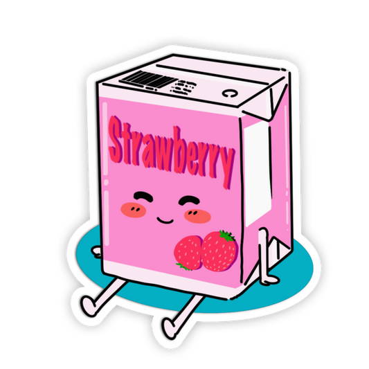 Cartoon strawberry juice box with a happy face on a white background