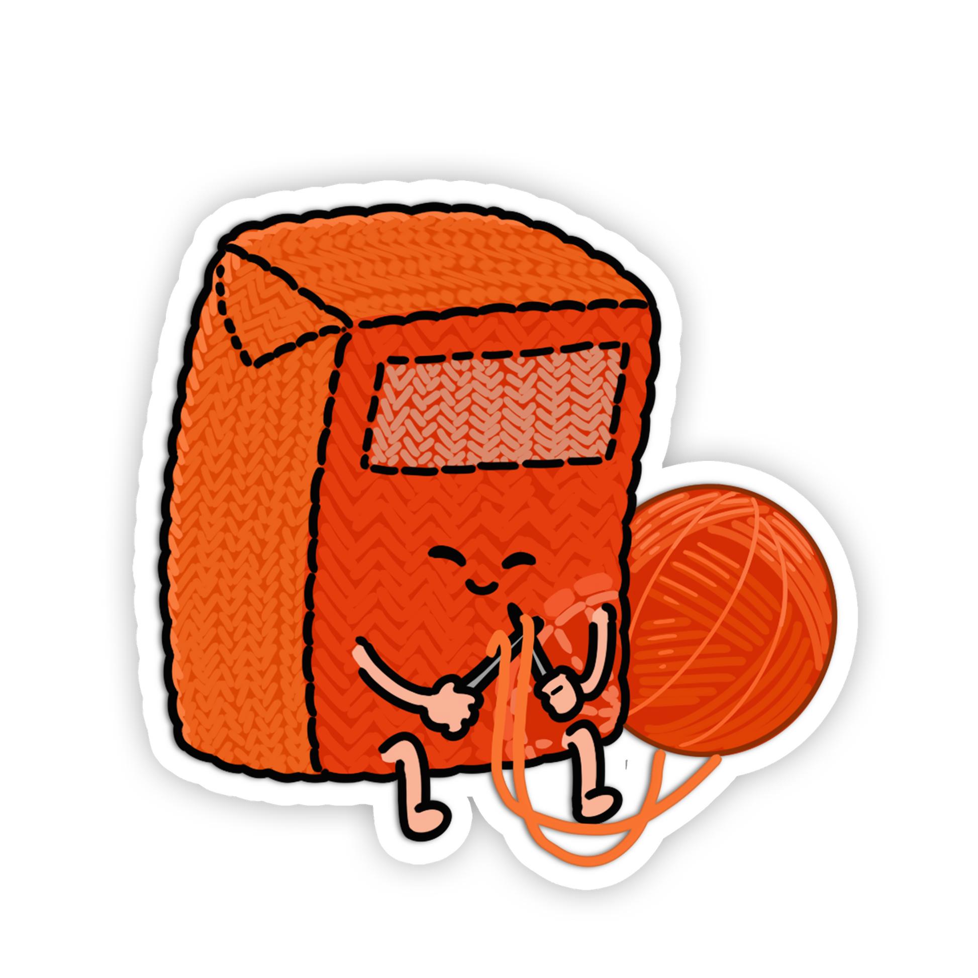 Cartoon orange box with a face holding a ball of yarn on a white background