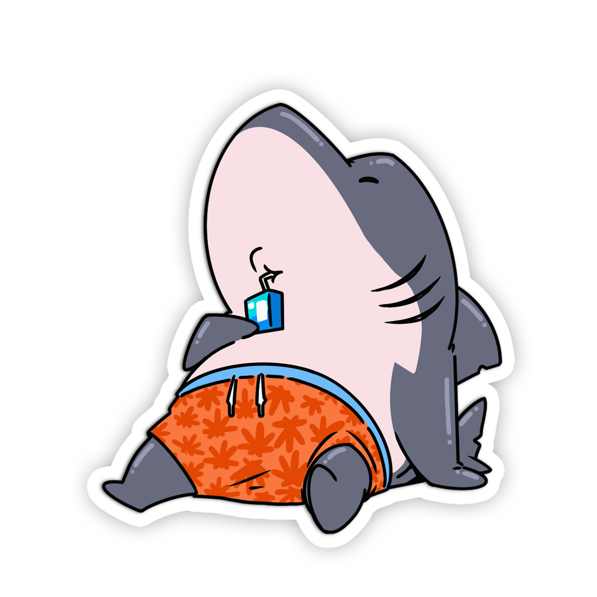 Cartoon shark wearing an orange shirt with a blue box on a white background