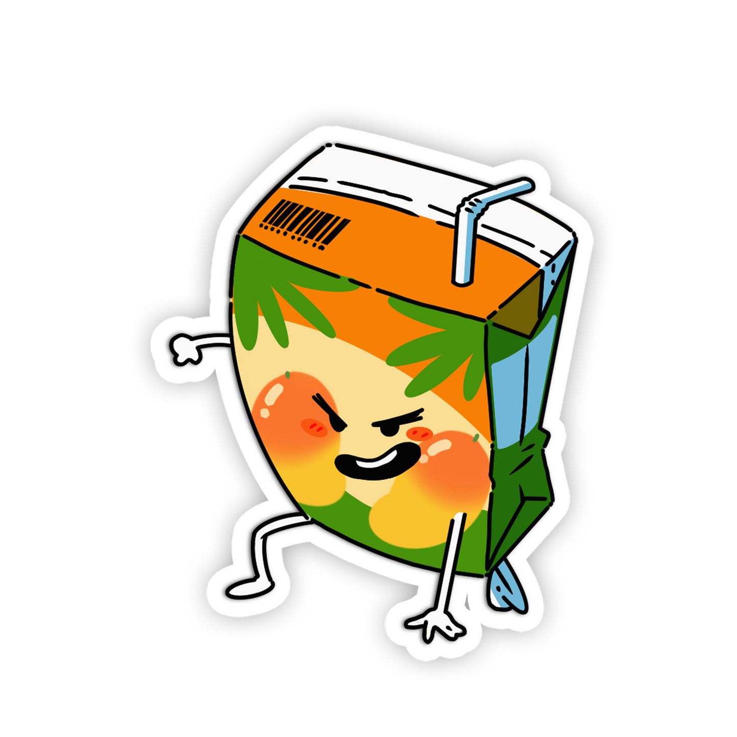 Cartoon juice box character with a happy expression on a white background