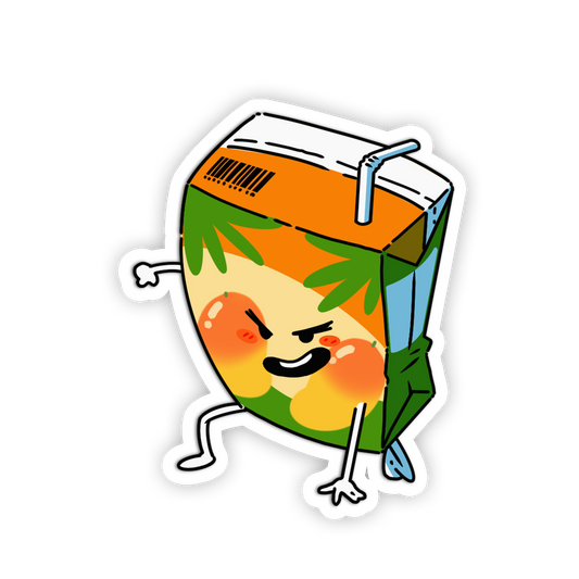 Cartoon juice box character with a happy expression on a white background