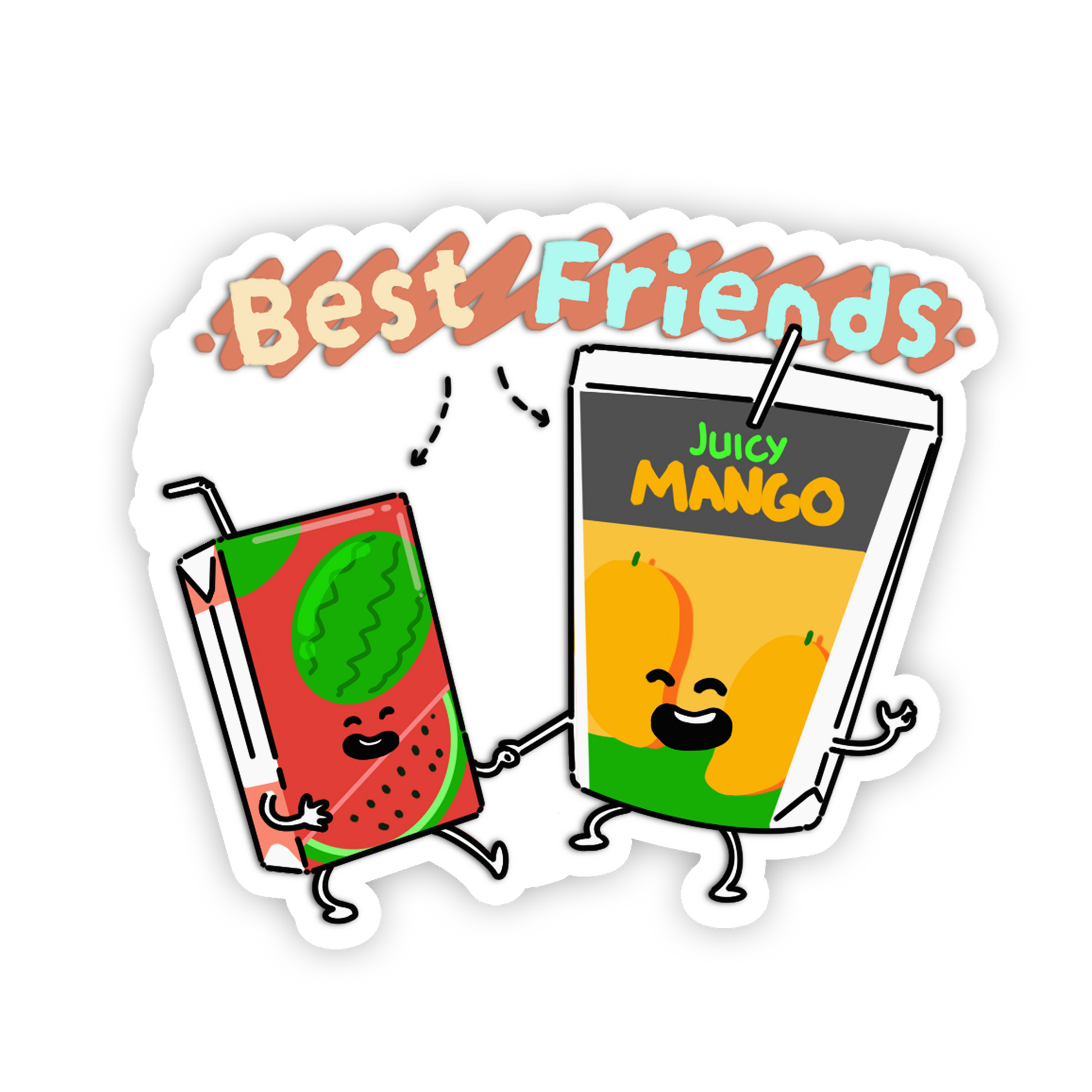 Two cartoon drinks, one watermelon and one mango, holding hands with 'Best Friends' text above on a white background.