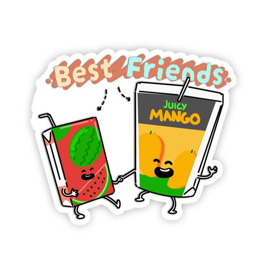 Two cartoon drinks, one watermelon and one mango, holding hands with 'Best Friends' text above on a white background.