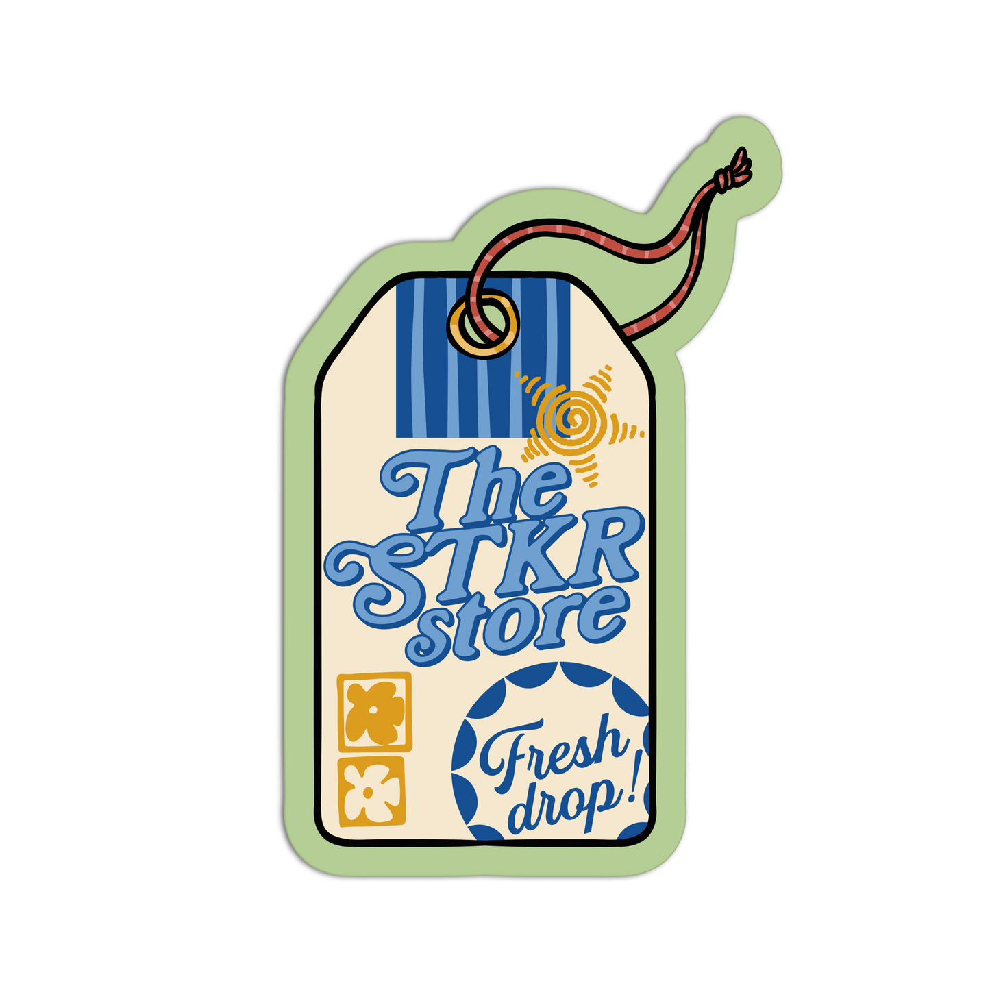 A stylized price tag graphic with a light green border, blue striped top section, blue text reading 'The STKR store,' yellow sun and flower icons, and a blue circular badge that says 'Fresh drop!' on a white background.