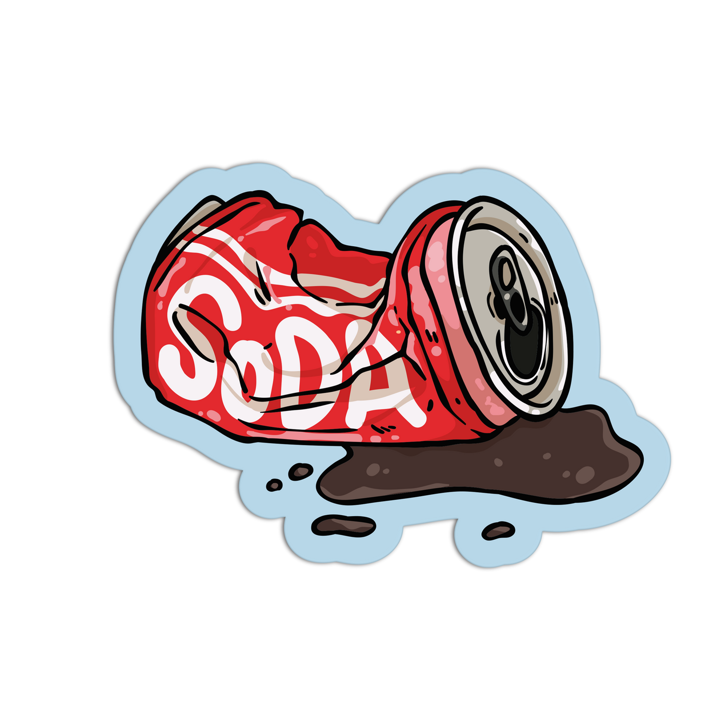 A die-cut sticker featuring a cartoon illustration of a crushed red Coca-Cola can lying on its side with dark brown liquid pooling below, shown on a plain white background.