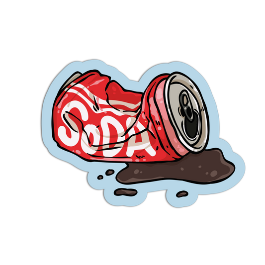 A die-cut sticker featuring a cartoon illustration of a crushed red Coca-Cola can lying on its side with dark brown liquid pooling below, shown on a plain white background.