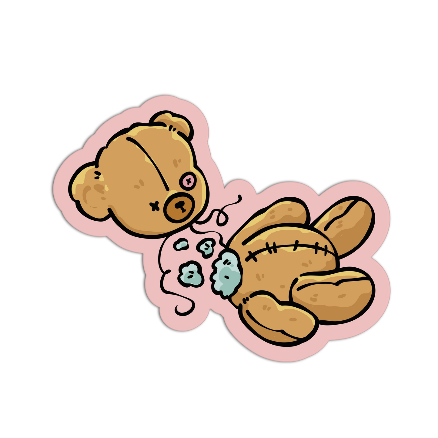 A die-cut sticker featuring a cartoon illustration of a stitched brown teddy bear lying on its side with a light blue bandage and a pink outline, shown on a plain white background.