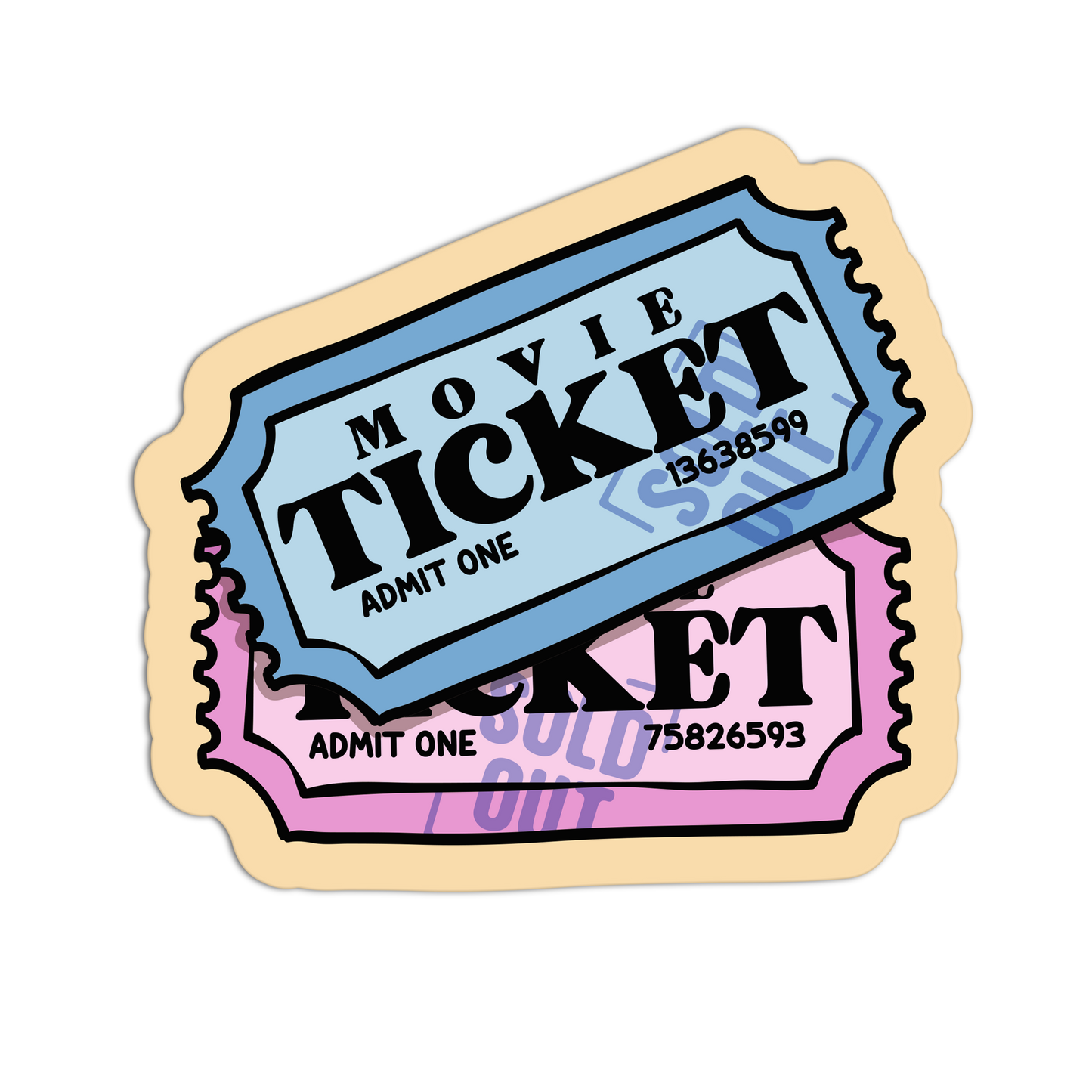 A die-cut sticker featuring two illustrated movie tickets, one blue and one pink, layered with black text reading 'MOVIE TICKET' and 'ADMIT ONE' on a light beige background.