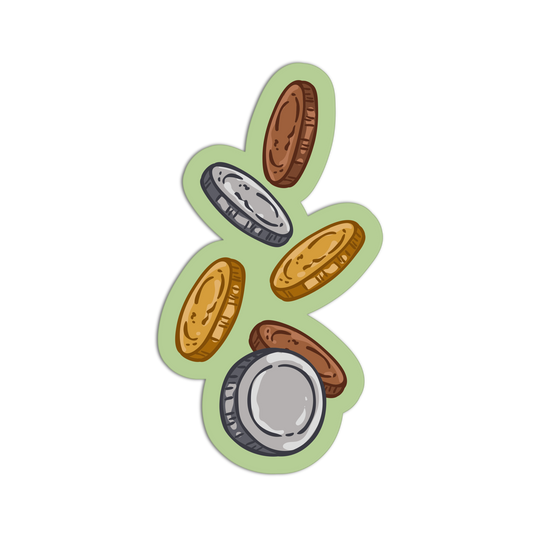 A die-cut sticker featuring an illustration of five cartoon coins in gold, silver, and bronze tones, arranged in a loose spiral on a light green background.