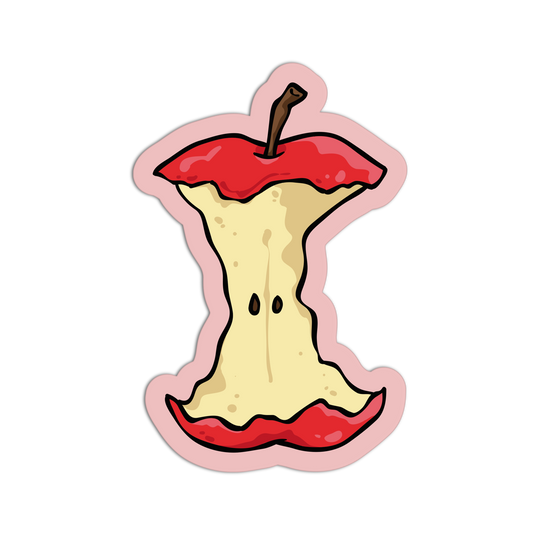 A die-cut sticker featuring a cute cartoon illustration of a red apple core with a smiling face, set against a plain white background.