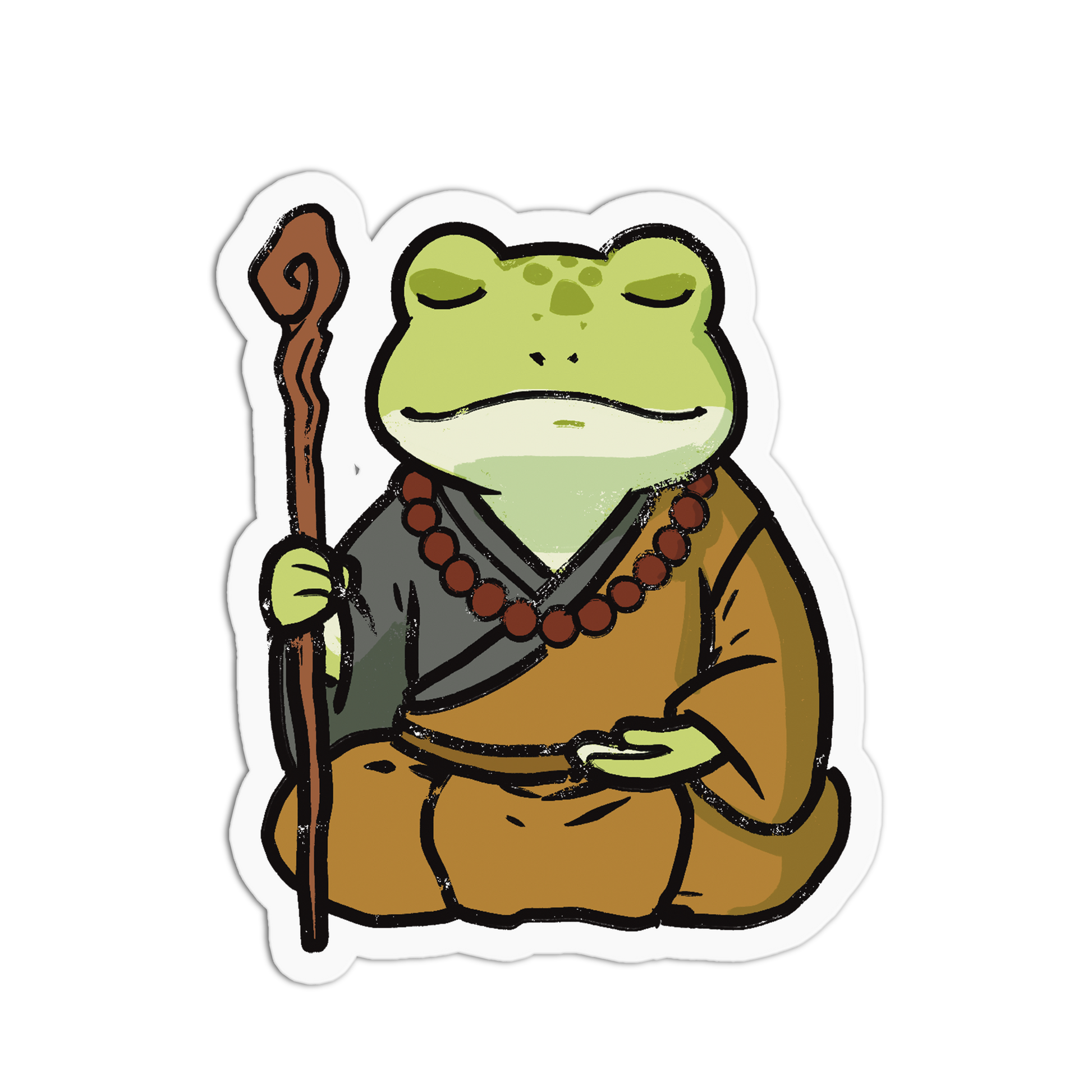 Cartoon frog in monk attire holding a staff on a white background