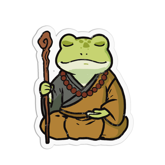 Cartoon frog in monk attire holding a staff on a white background