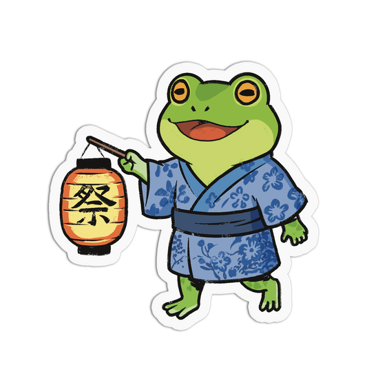 Cartoon frog in a blue kimono holding a lantern on a white background