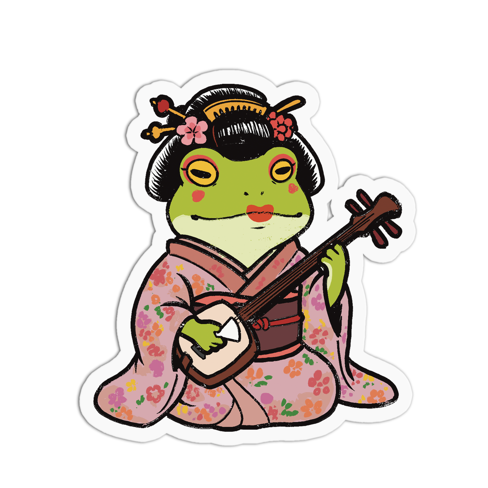 Frog character in a kimono playing a stringed instrument on a white background