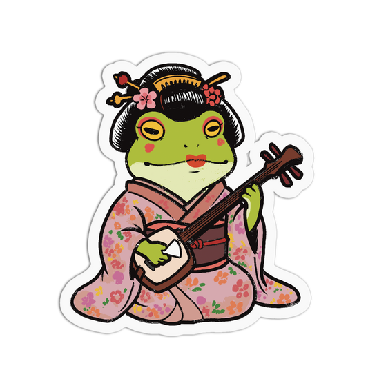 Frog character in a kimono playing a stringed instrument on a white background