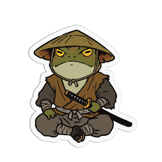 Cartoon frog character in samurai outfit with a sword on a white background