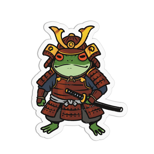 Cartoon frog in samurai armor with a white background