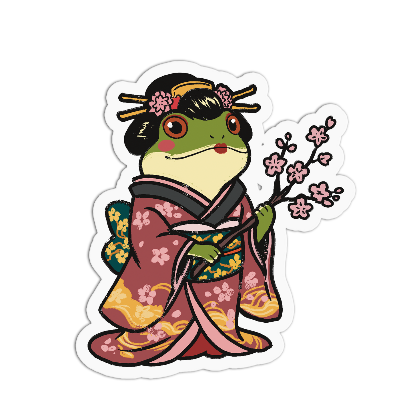 Frog character in traditional Japanese kimono holding a cherry blossom branch on a white background