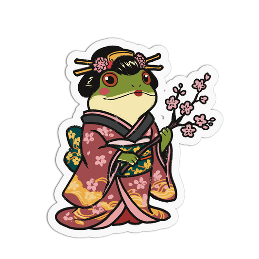 Frog character in traditional Japanese kimono holding a cherry blossom branch on a white background