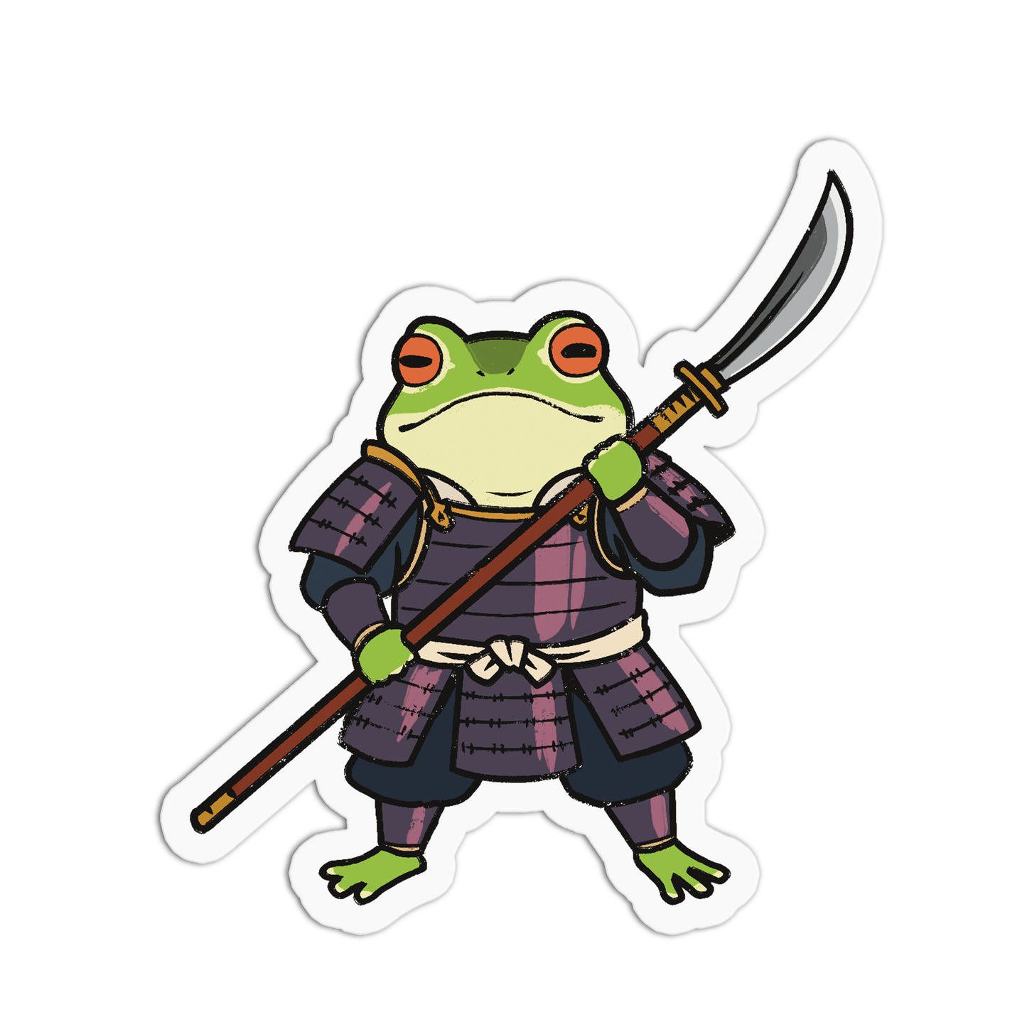 Frog in samurai armor holding a sword on a white background