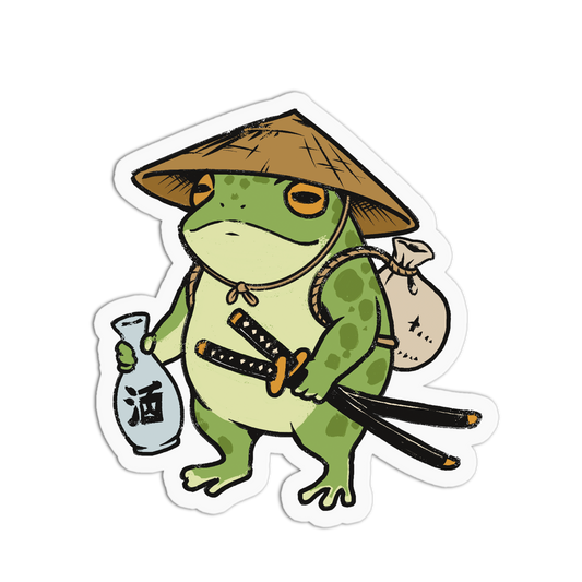 Cartoon frog character wearing a straw hat, holding a bottle, and carrying a bag on a white background