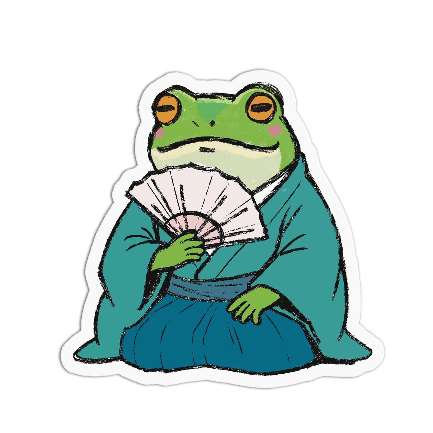 Frog character in traditional Japanese attire holding a fan on a white background