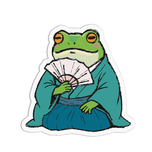 Frog character in traditional Japanese attire holding a fan on a white background