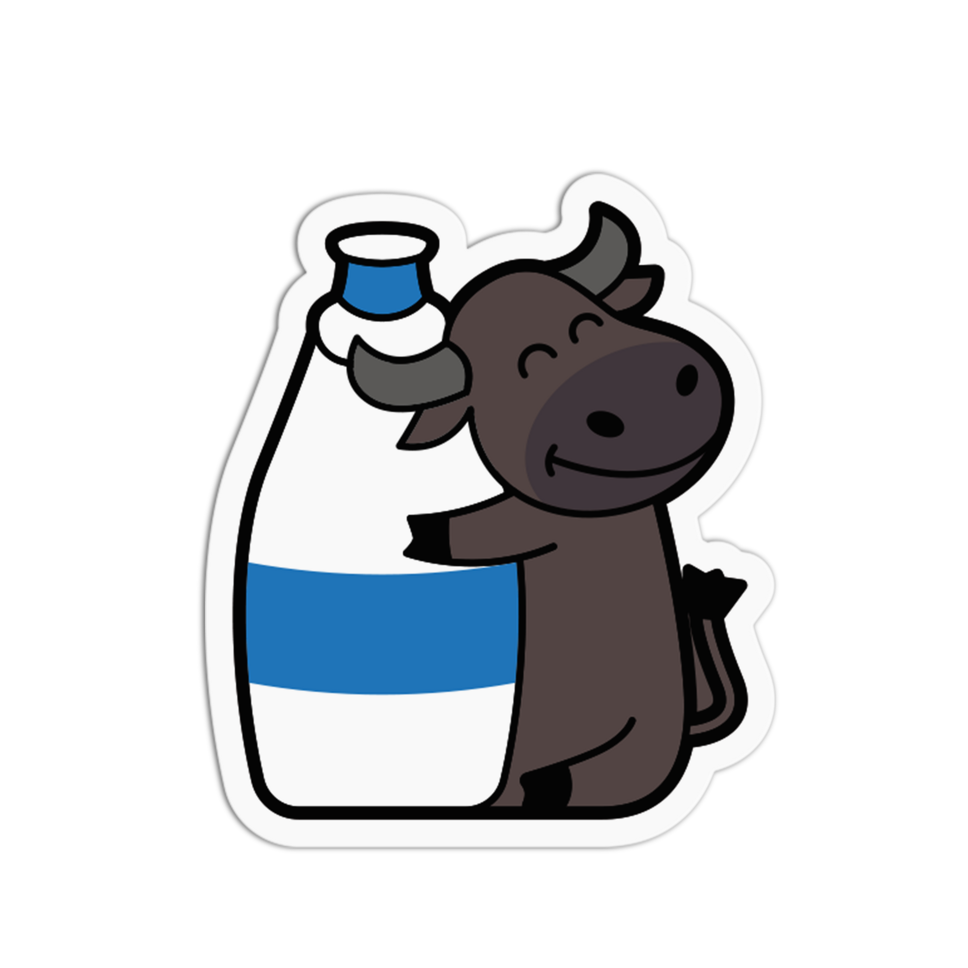 Cartoon cow holding a milk bottle on a white background